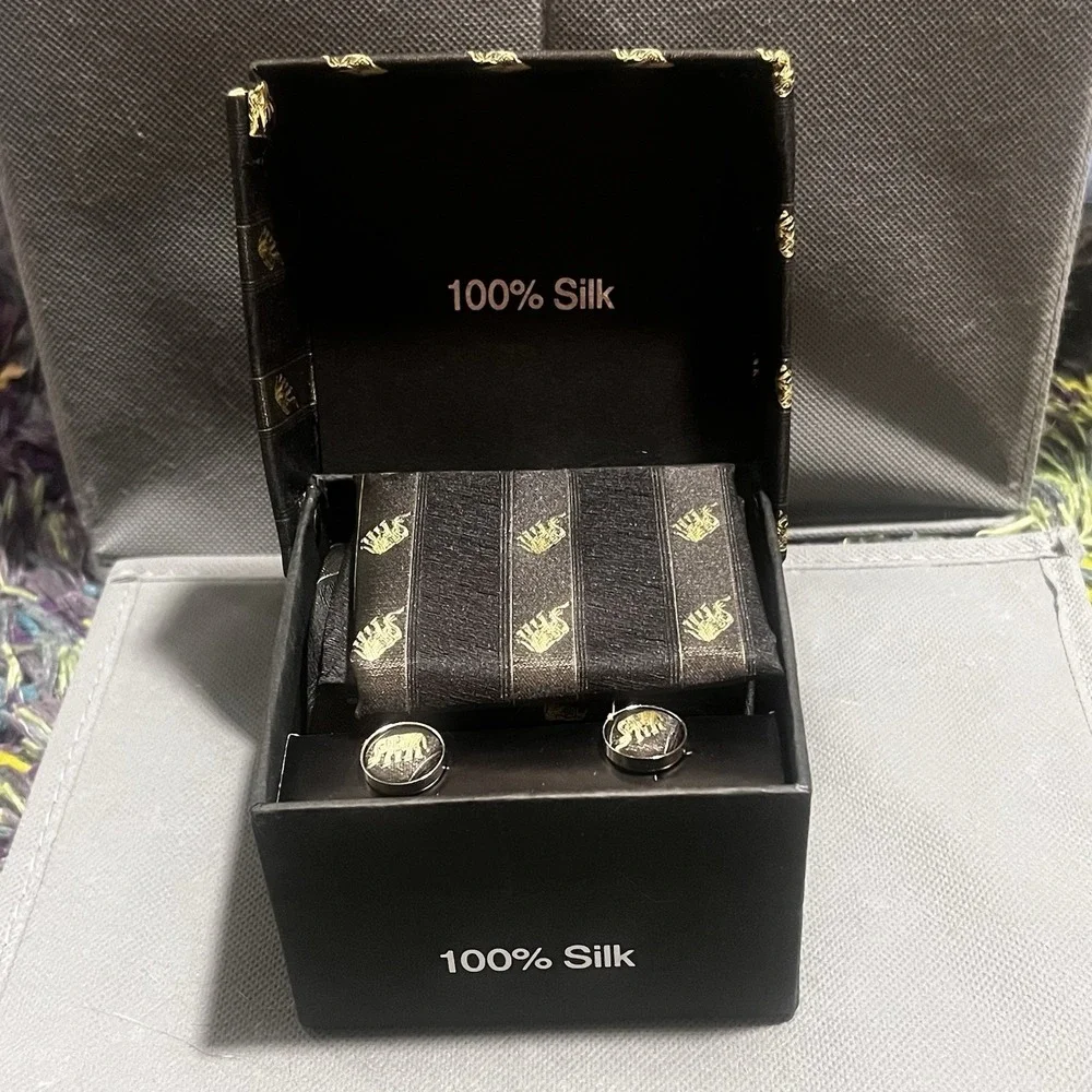 Men's‎ 100% Silk Tie Gift Set Cuff Links, Pocket Square, Tie Elephants